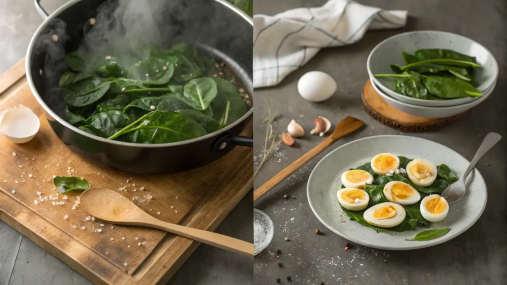 Step-by-step preparation of spinach with boiled eggs recipe, including sautéing spinach and boiling eggs.
