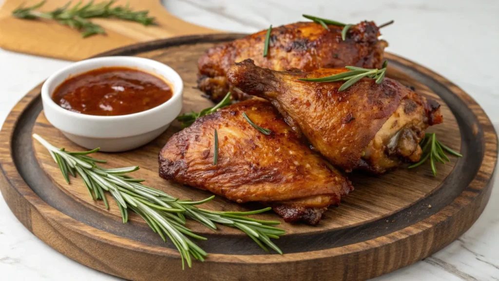 Smoked chicken thighs with golden, crispy skin served on a rustic wooden platter with a side of barbecue sauce and garnished with rosemary.