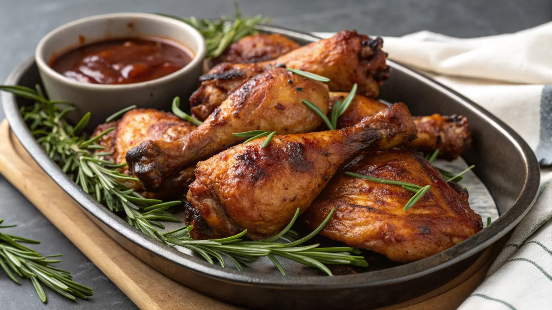 Smoked chicken thighs and drumsticks on a wooden platter with crispy skin, garnished with fresh herbs and served with a side of barbecue sauce.