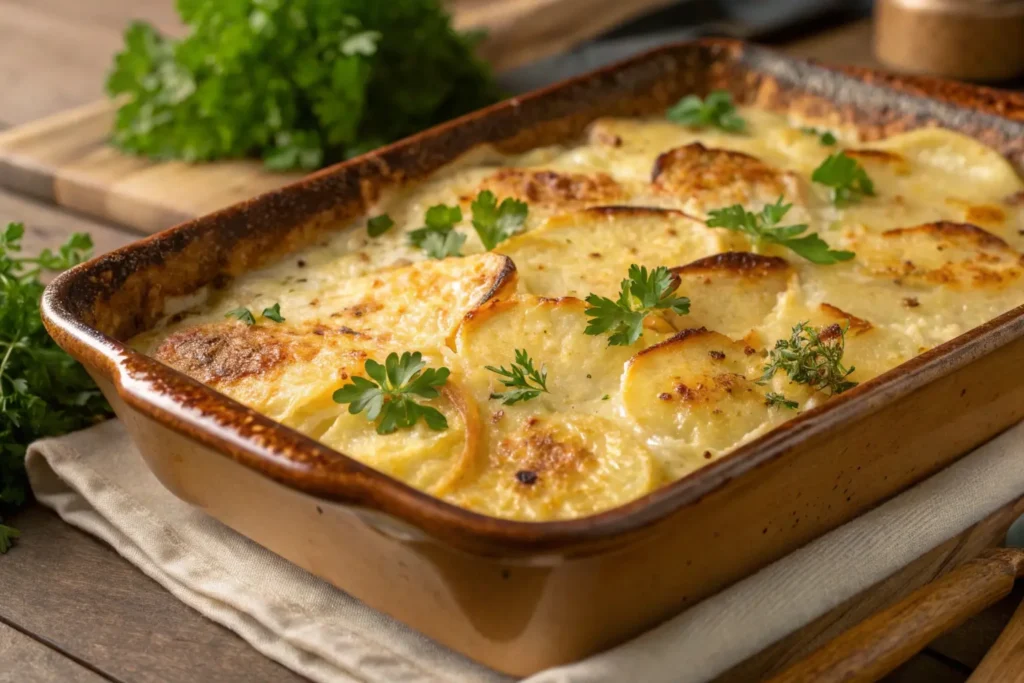 A beautifully baked dish of scalloped potatoes with cheese powder, topped with a golden-brown crust and garnished with fresh parsley in a rustic baking dish.