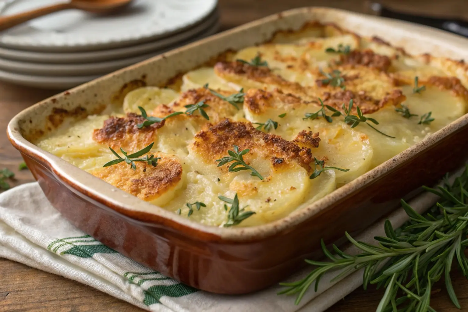 Perfectly baked scalloped potatoes in a casserole dish with golden-brown crispy topping and fresh herbs, ready to serve.