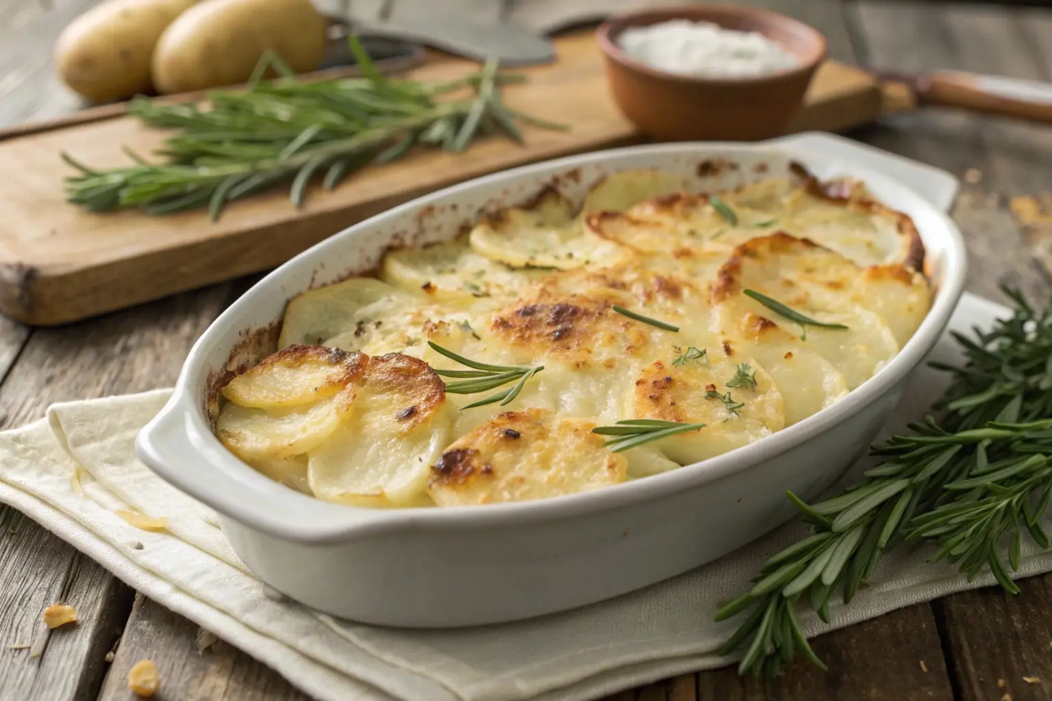 A golden-brown scalloped potato dish topped with melted cheese and breadcrumbs, garnished with fresh herbs, served in a rustic casserole dish.