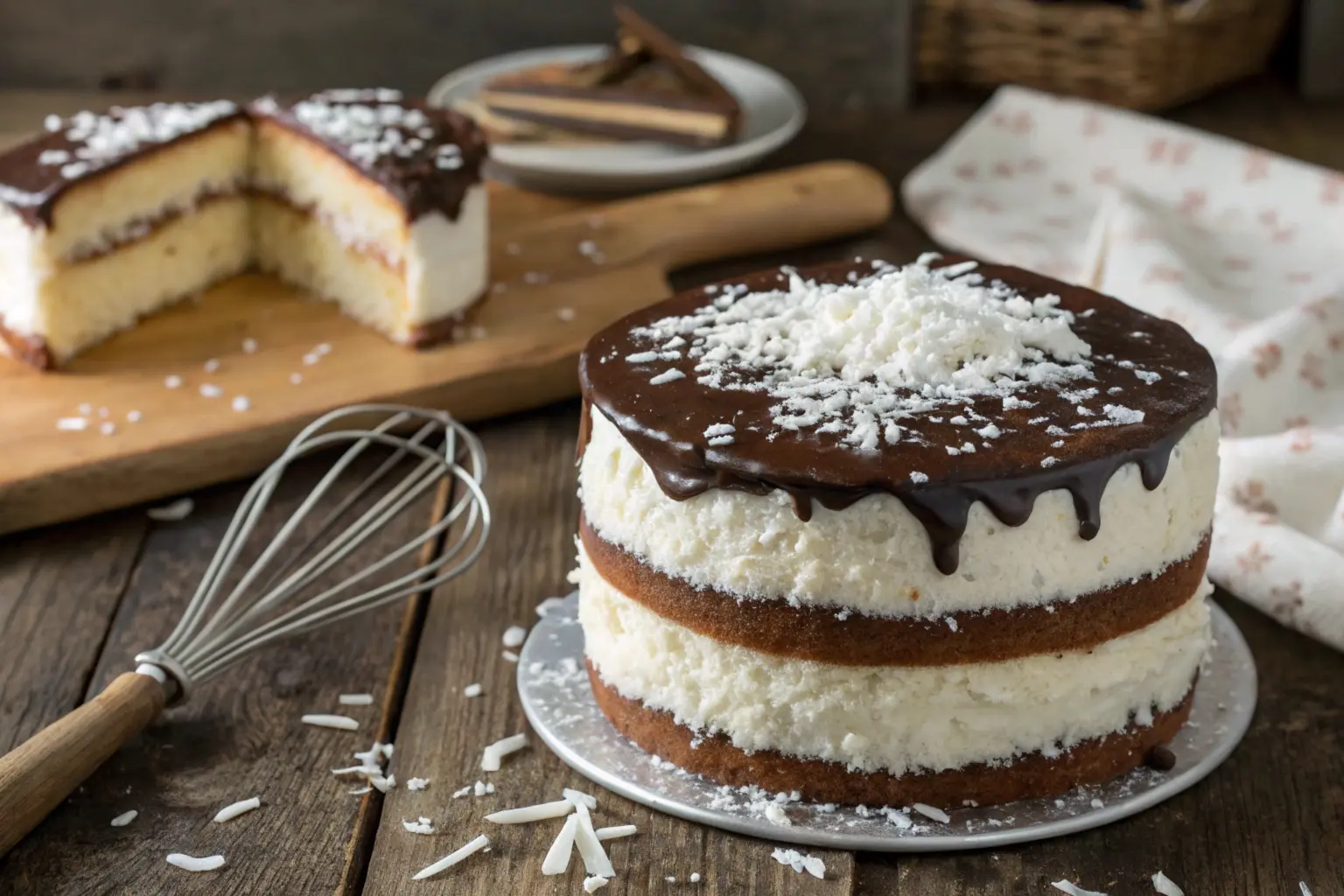 Beautifully decorated Mounds cake with coconut filling and chocolate ganache, topped with shredded coconut, on a rustic wooden table with baking tools in the background.