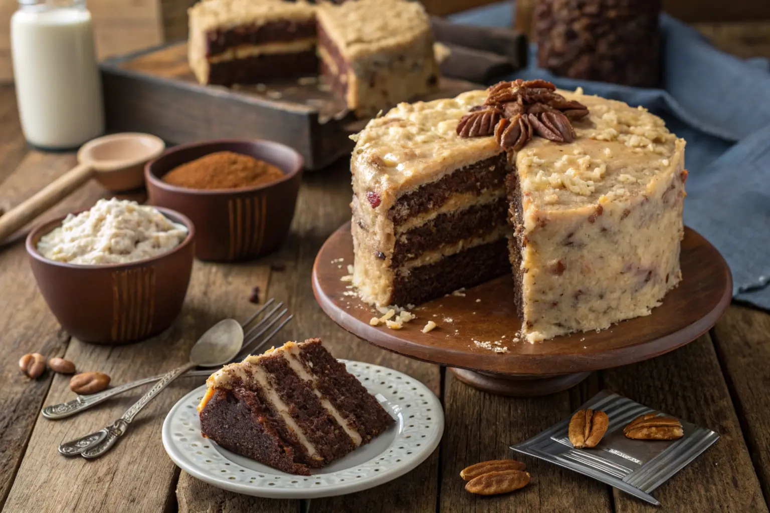 A beautifully layered German chocolate cake with rich coconut-pecan frosting, sliced to reveal its moist layers, placed on a rustic table with baking tools and ingredients in the background.