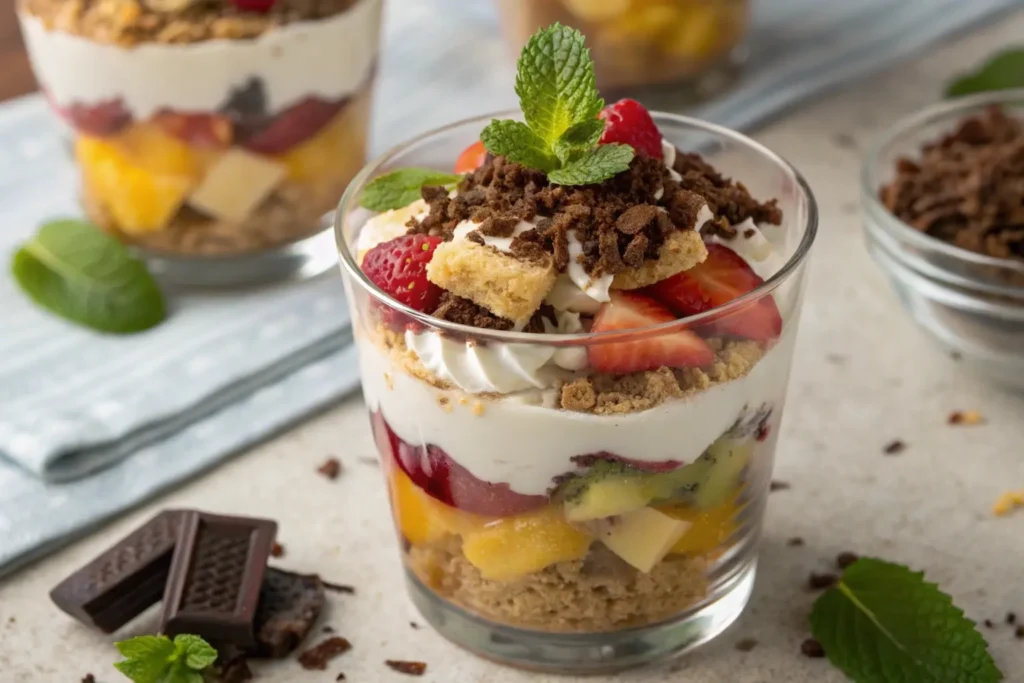 Beautifully layered parfait made with instant pudding, fresh fruits, crumbled cookies, and whipped cream in a clear glass, garnished with mint leaves and chocolate shavings