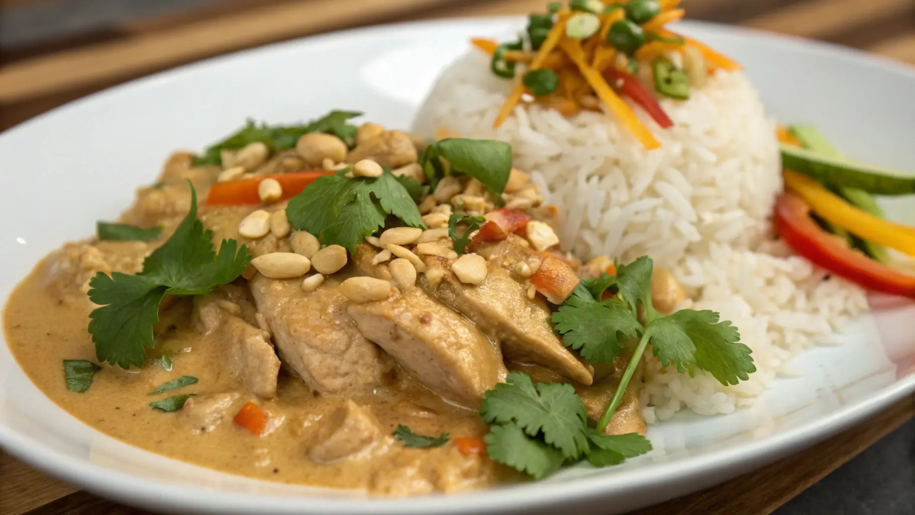 A beautifully plated dish of chicken coated in creamy peanut butter sauce, garnished with crushed peanuts and fresh cilantro, served alongside steamed rice and vibrant vegetables.