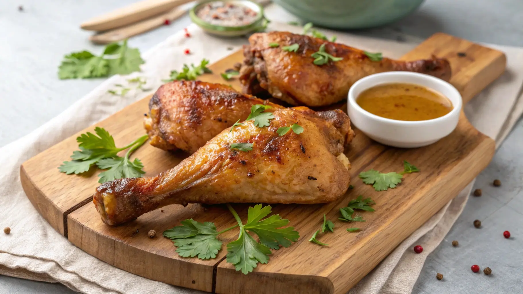 Smoked chicken legs with perfectly golden and crispy skin, served on a rustic wooden cutting board with tangy dipping sauce and garnished with fresh parsley.