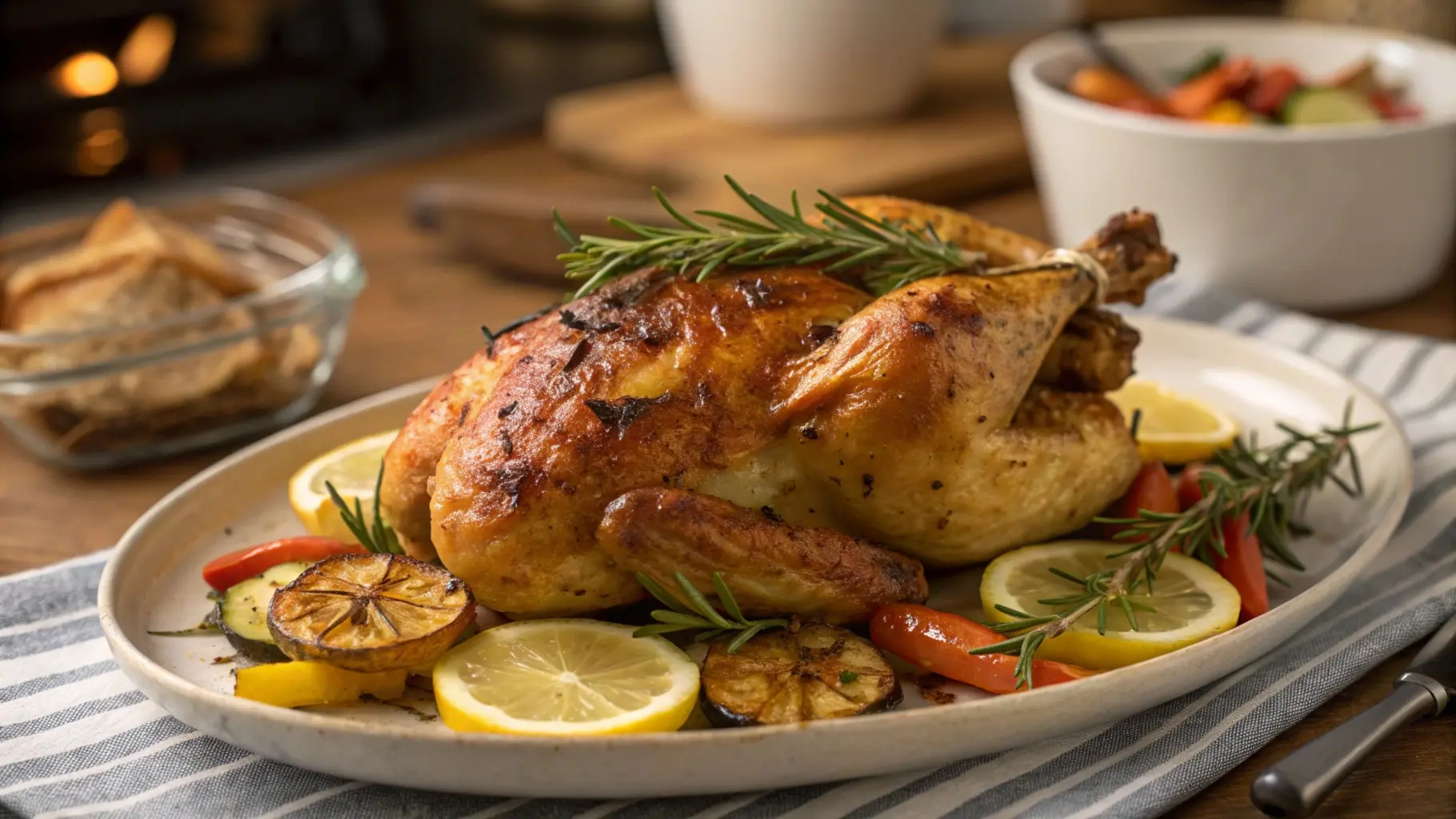 A beautifully plated Galena chicken dish, featuring golden-brown, crispy skin garnished with fresh rosemary and lemon slices, served alongside roasted vegetables on a rustic wooden table.