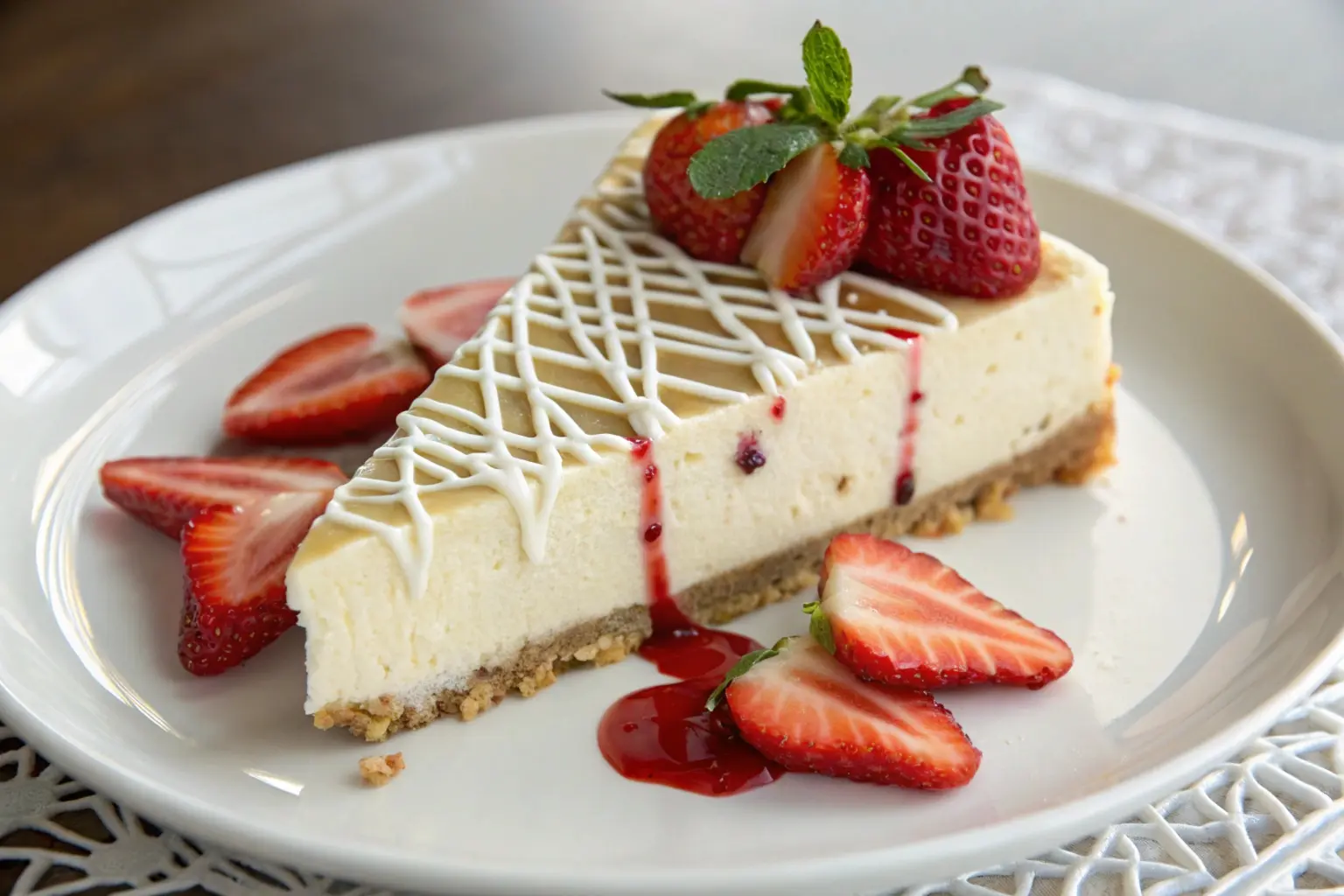 A beautifully styled dessert platter featuring a creamy white chocolate and cream cheese cheesecake topped with fresh strawberries and a drizzle of white chocolate.