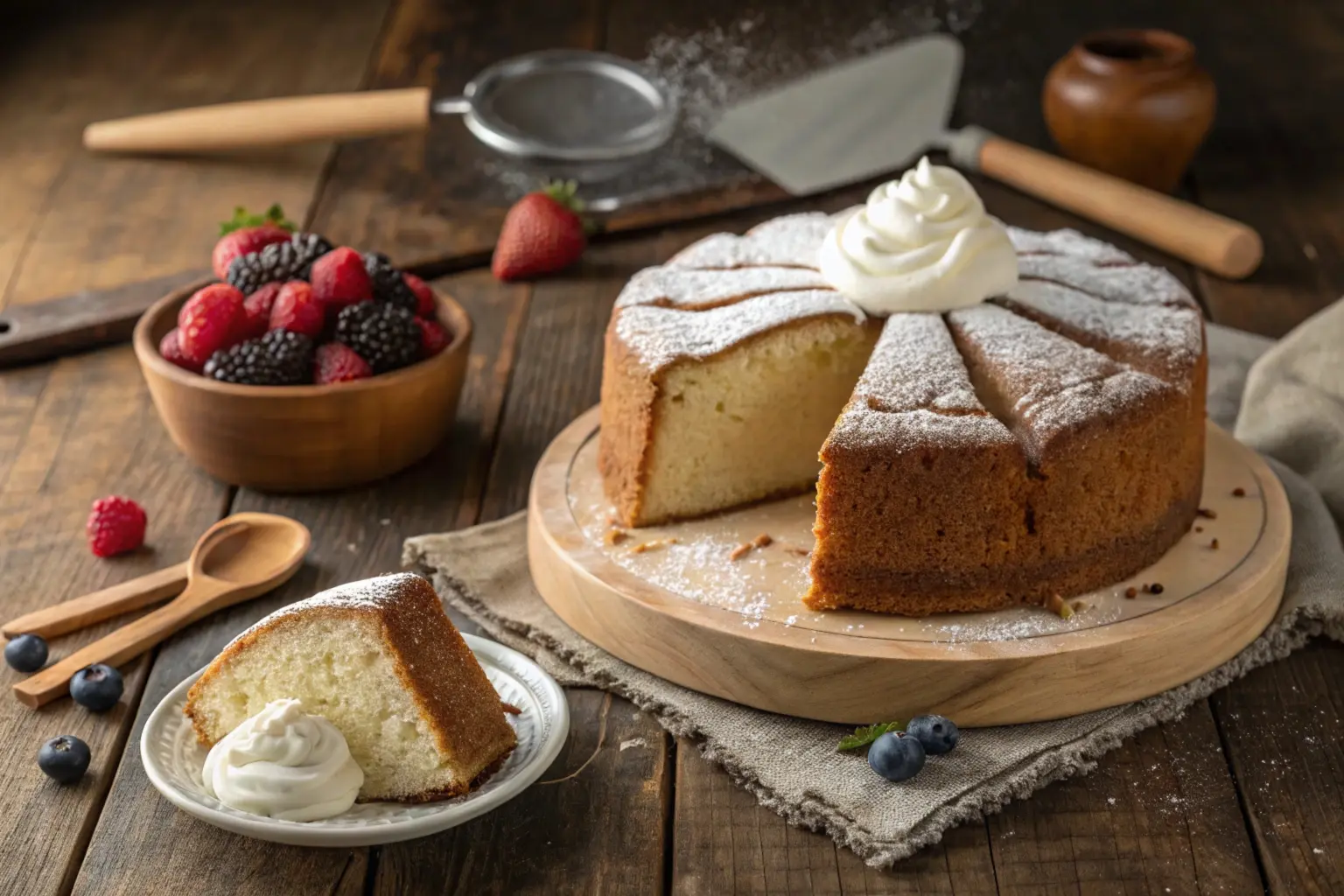 A beautifully sliced sour cream cake on a rustic table, showcasing its moist texture and rich crumb, with a dollop of whipped cream and fresh berries on the side, and baking tools in the background.