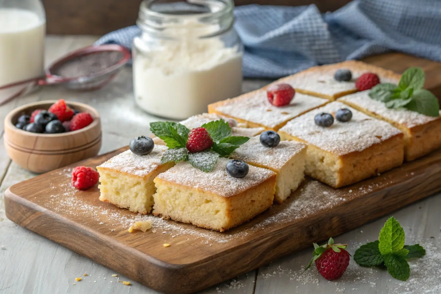 Freshly baked kefir sheet cake sliced into squares, dusted with powdered sugar, and garnished with fresh berries and mint leaves, displayed on a rustic wooden board with a jar of kefir and baking ingredients in the background.