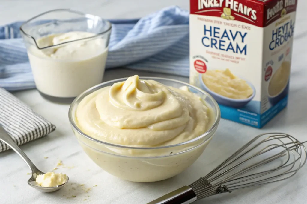A creamy bowl of instant pudding made with heavy cream, placed next to a box of pudding mix, a whisk, and a carton of heavy cream on a kitchen counter