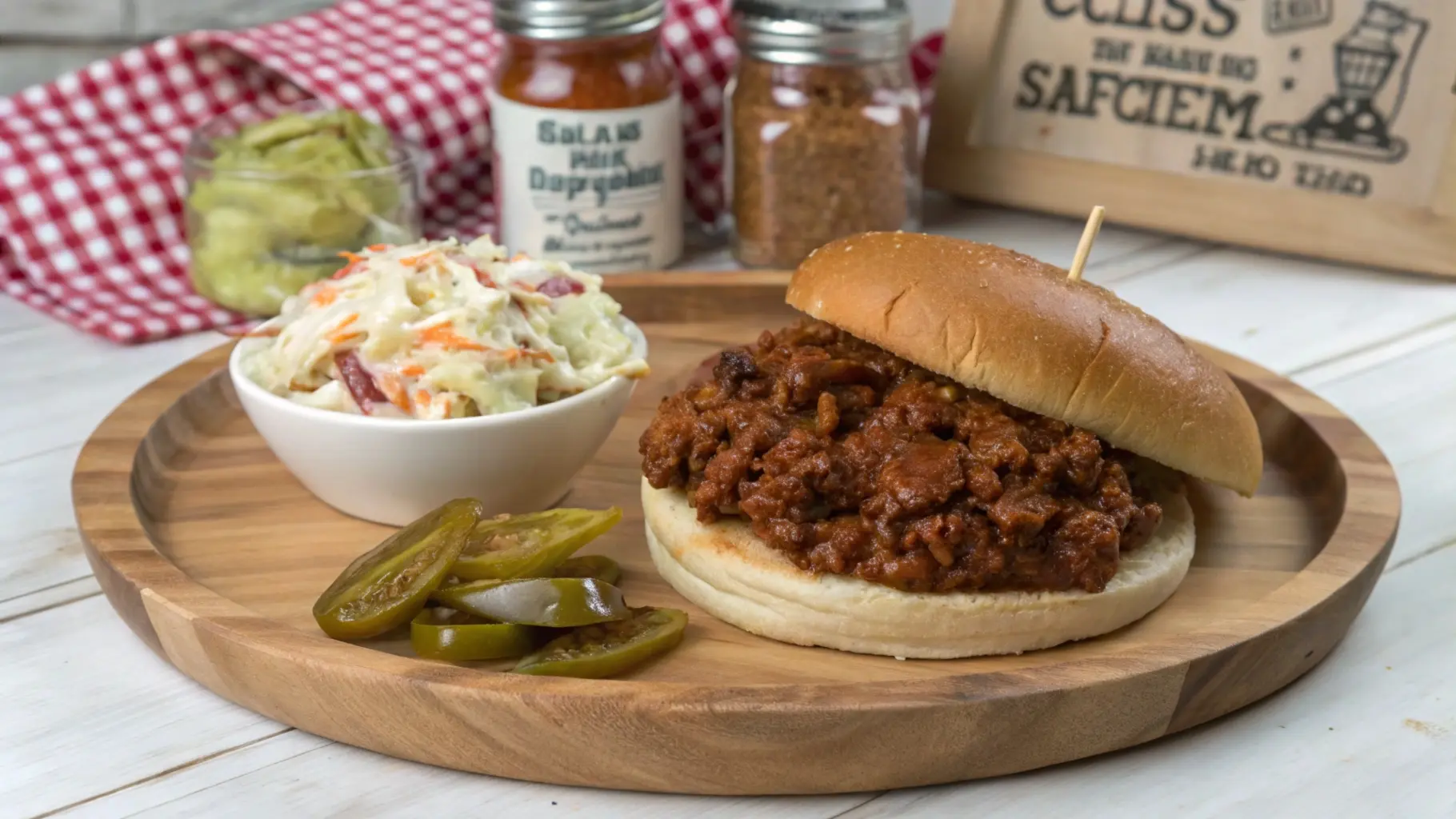 A classic New York sloppy joe served on a wooden plate with layers of corned beef, melted Swiss cheese, creamy Russian dressing, coleslaw, and pickled green peppers, set in a cozy deli environment.