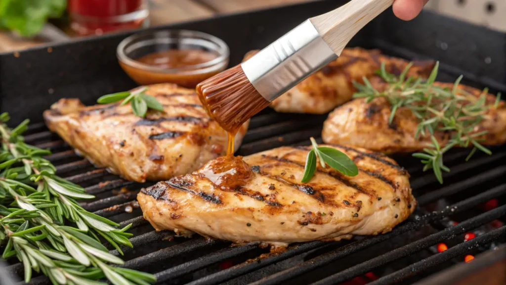 Close-up view of marinated chicken on a grill with visible char marks, a basting brush applying A1 sauce, surrounded by grilling tools and fresh herbs.