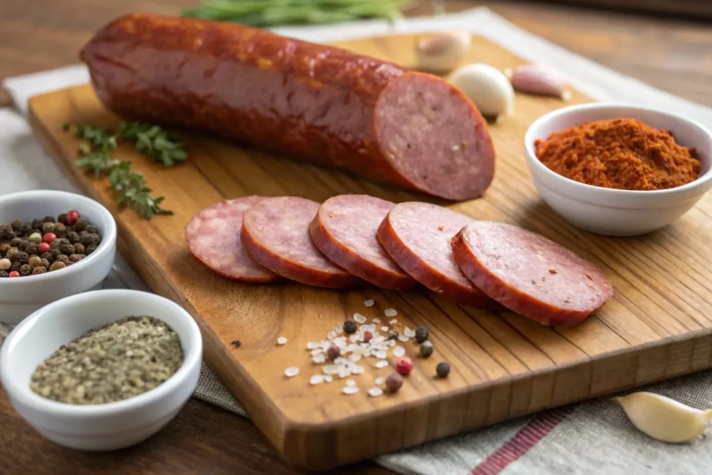 Close-up of sliced kielbasa on a wooden cutting board, displaying both peeled and unpeeled pieces, surrounded by small bowls of spices including paprika, garlic powder, and peppercorns, highlighting seasoning options.