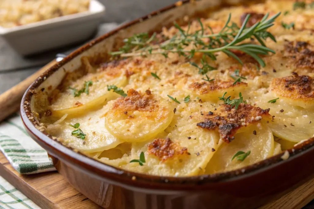 Close-up of golden-brown crispy topping on scalloped potatoes, featuring melted cheese, toasted breadcrumbs, and fresh herb garnish.