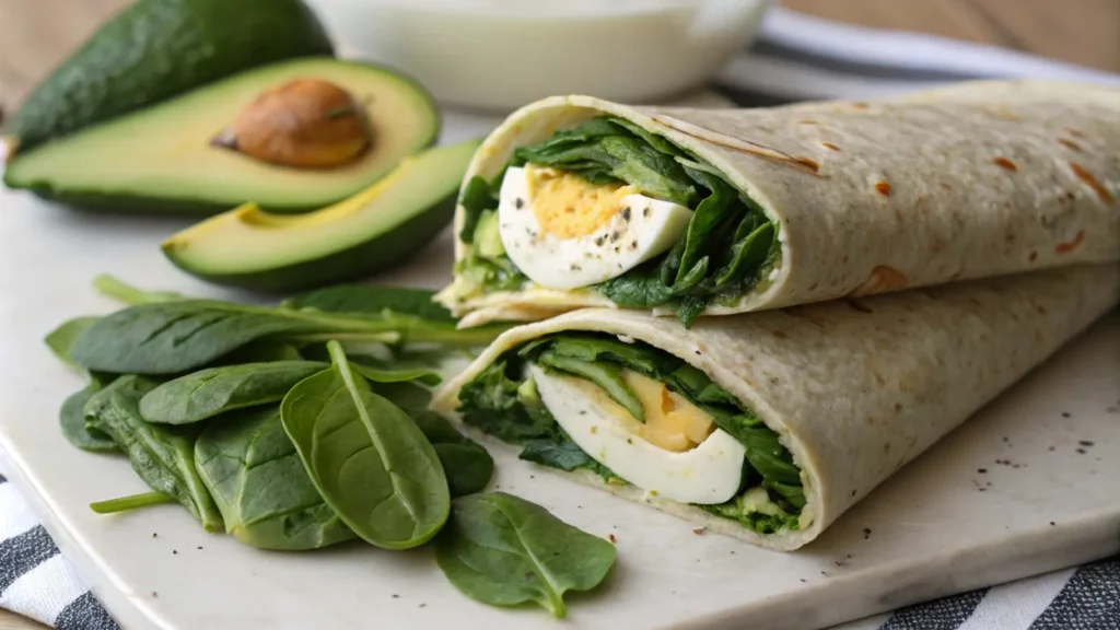 A spinach and boiled egg breakfast wrap, demonstrating a delicious way to combine these nutritious ingredients.