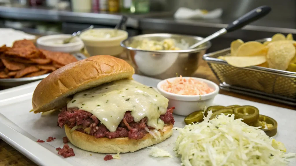 Close-up of a New York sloppy joe being assembled with a soft hamburger bun, corned beef, melted Swiss cheese, creamy Russian dressing, coleslaw, and pickled green peppers on a classic deli counter