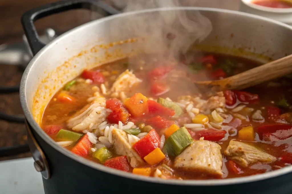 Close-up of a simmering pot of spicy chicken soup with visible chunks of chicken, rice, and diced vegetables, surrounded by rising steam.