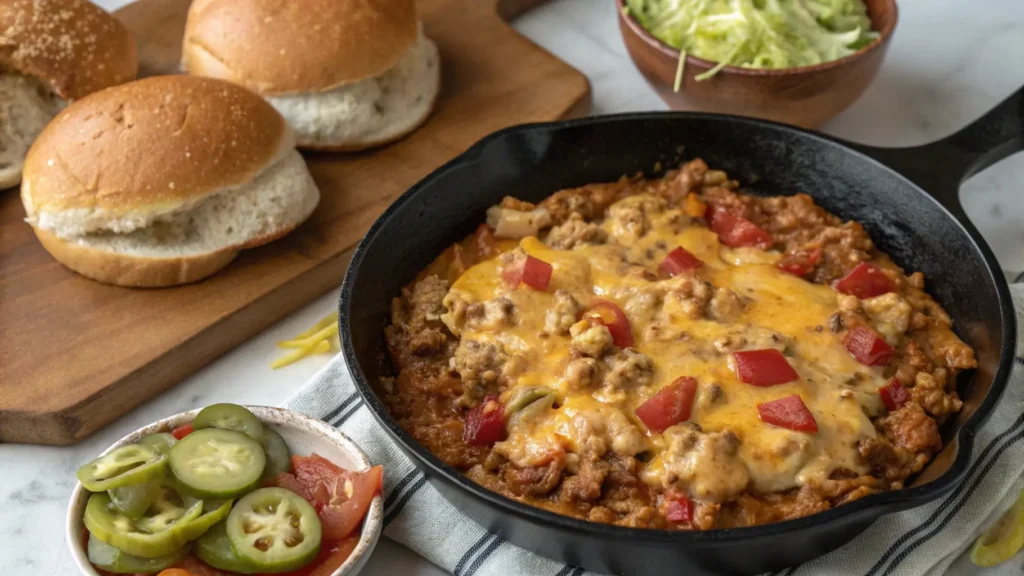 Close-up of a skillet filled with ground chicken mixed in a rich, cheesy sauce, with freshly toasted buns and toppings like pickles and onions nearby for easy assembly.