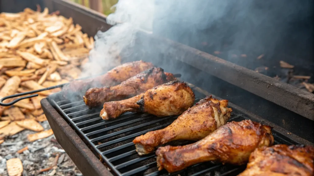 Chicken drumsticks arranged on smoker grates with visible smoke rising and wood chips in the background, showcasing the smoking process for rich flavor.