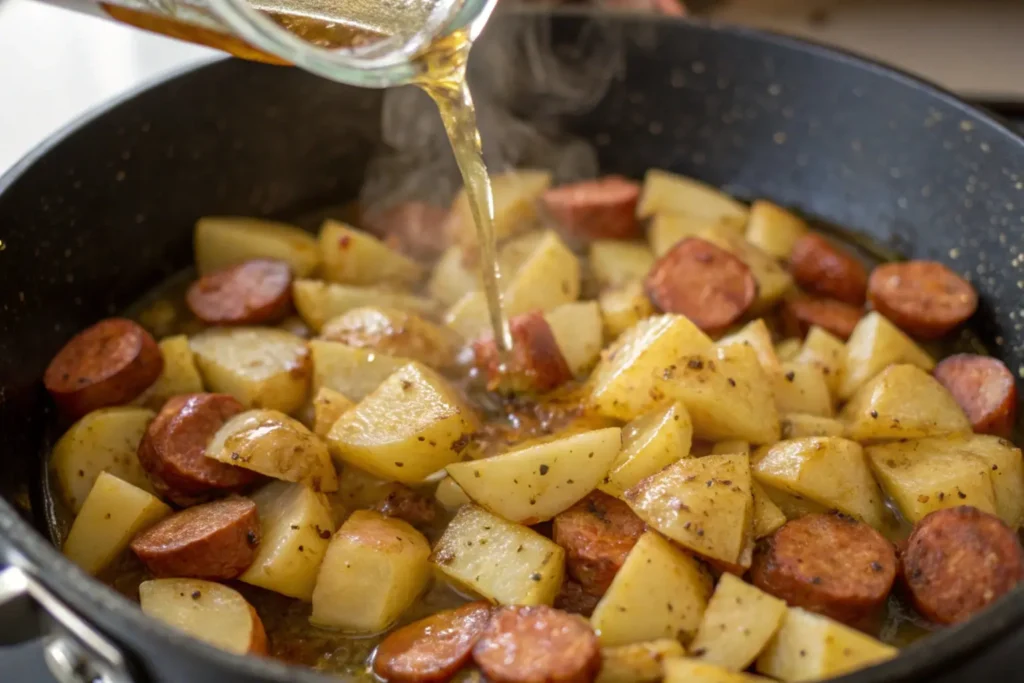 Chopped potatoes and kielbasa in a skillet, with chicken broth being poured in, capturing the simmering step for a hearty recipe