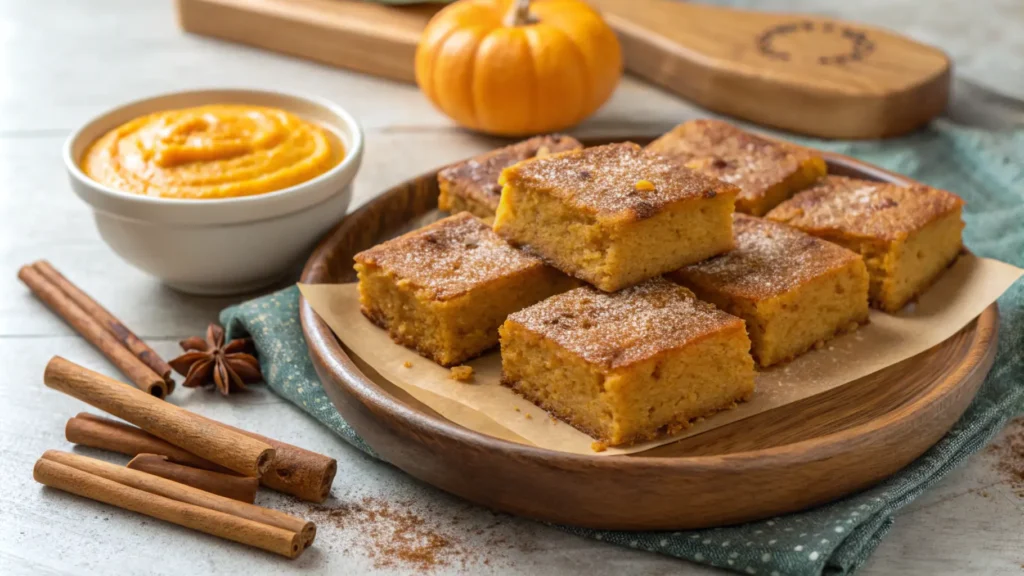 Egg-free pumpkin bars served on a plate, made with fresh pumpkin puree.