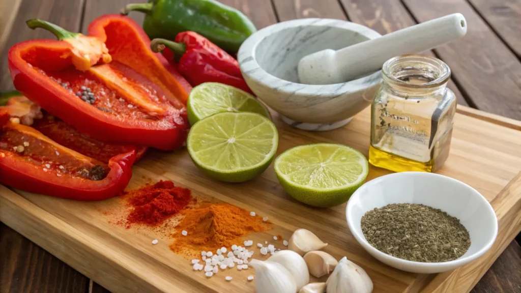 Fresh ingredients for red pepper chicken marinade including roasted red peppers, lime halves, garlic, cumin, chili powder, and olive oil on a wooden board.