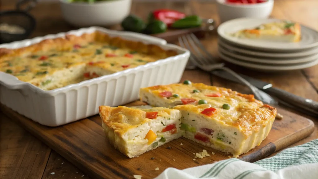 Top-down view of a baked egg casserole with crackers in a dish, featuring golden-brown cheese, colorful vegetables, and crispy cracker crumbs on a rustic wooden table.