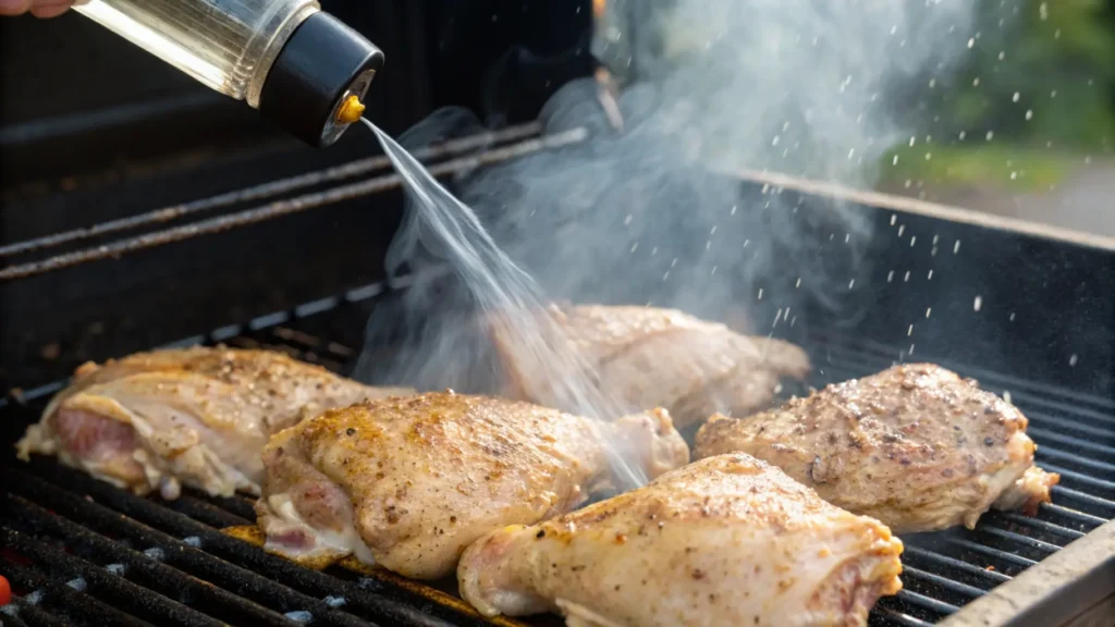 Chicken thighs being spritzed with a mixture of apple cider vinegar and water on smoker grates, with visible smoke rising during the smoking process.