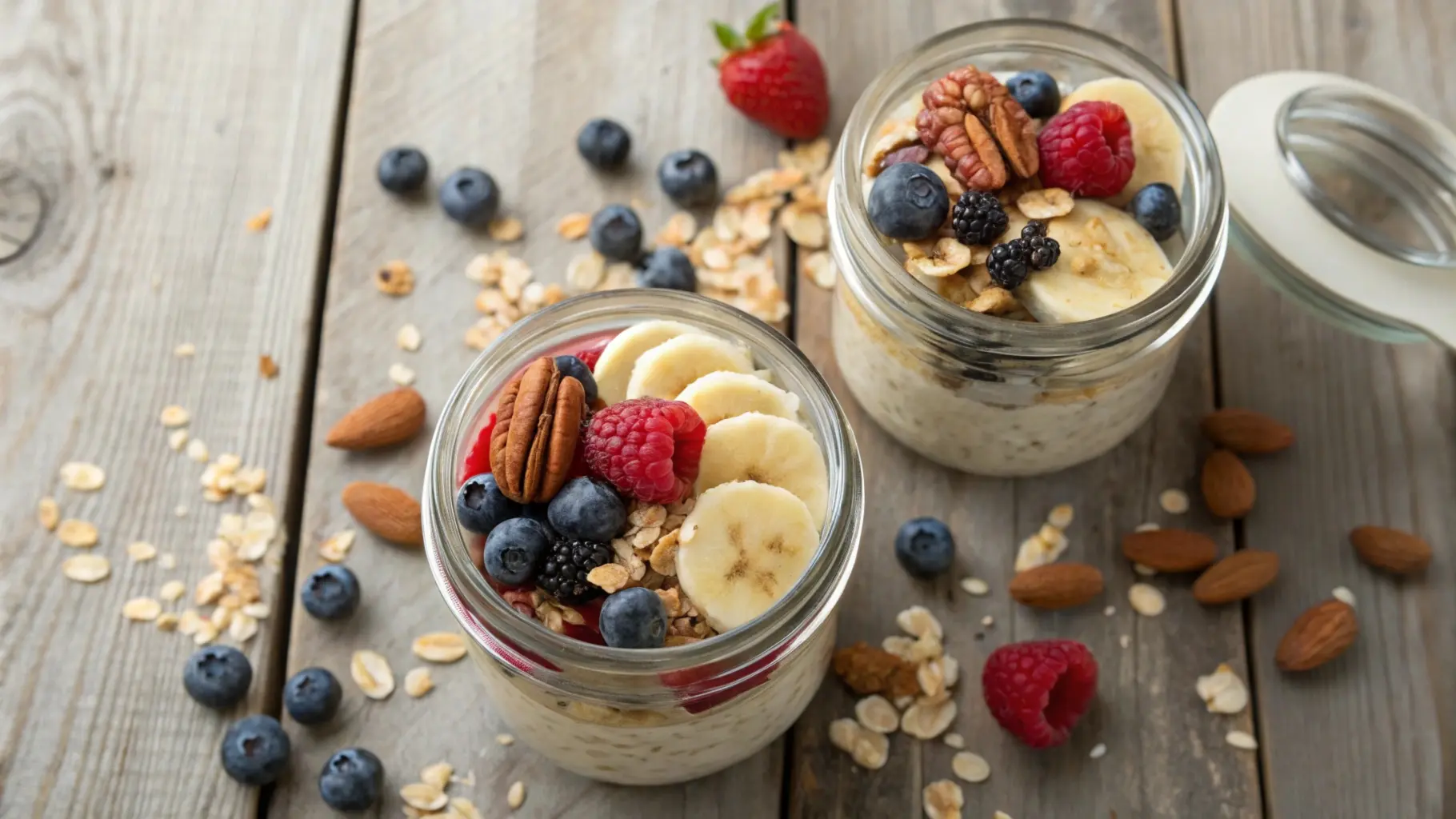 "Flat-lay of two jars of Purely Elizabeth overnight oats, garnished with banana slices, berries, and nuts on a rustic wooden table."