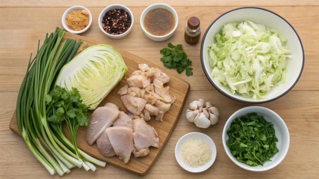 Ingredients for Hmong cabbage and chicken recipe, including chopped cabbage, chicken thighs, ginger, garlic, green onions, cilantro, and seasonings, arranged on a wooden countertop.