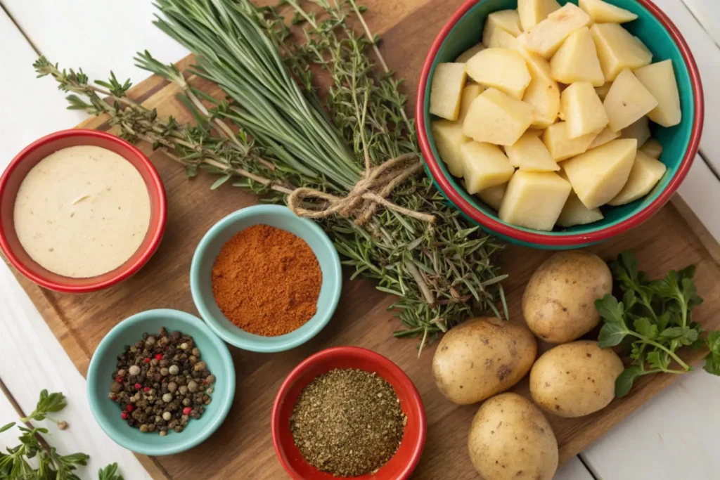 Flat lay of fresh herbs like thyme and rosemary, with small bowls of garlic powder, nutmeg, and paprika, arranged next to sliced potatoes and cheese sauce.