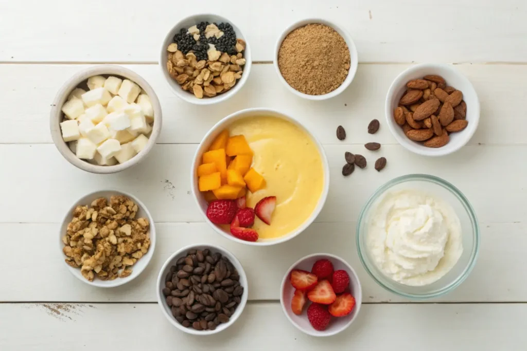 Flat lay of ingredients to enhance instant pudding, including bowls of nuts, chopped fruits, whipped cream, crushed cookies, and a prepared pudding bowl in the center