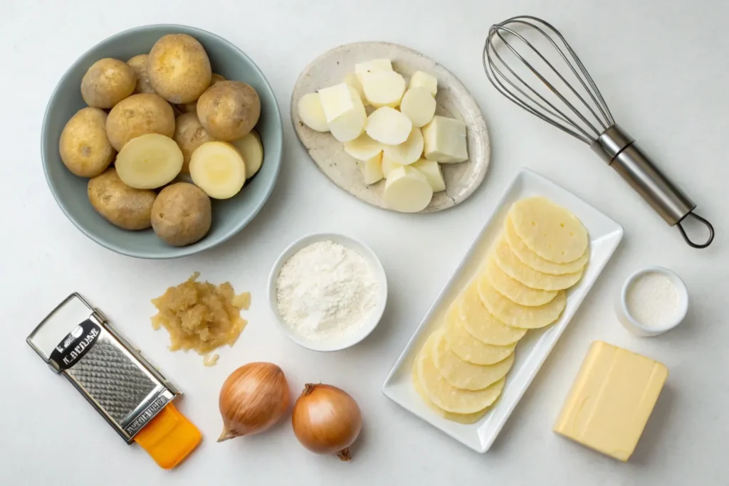 Flat lay of ingredients for scalloped potatoes, including peeled potatoes, cheese powder, heavy cream, butter, and onions, arranged with a mandoline slicer and whisk.