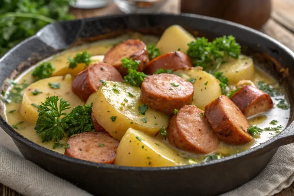 A hearty dish of golden-brown kielbasa and tender potatoes in a rich chicken broth, garnished with fresh parsley, served in a rustic skillet.