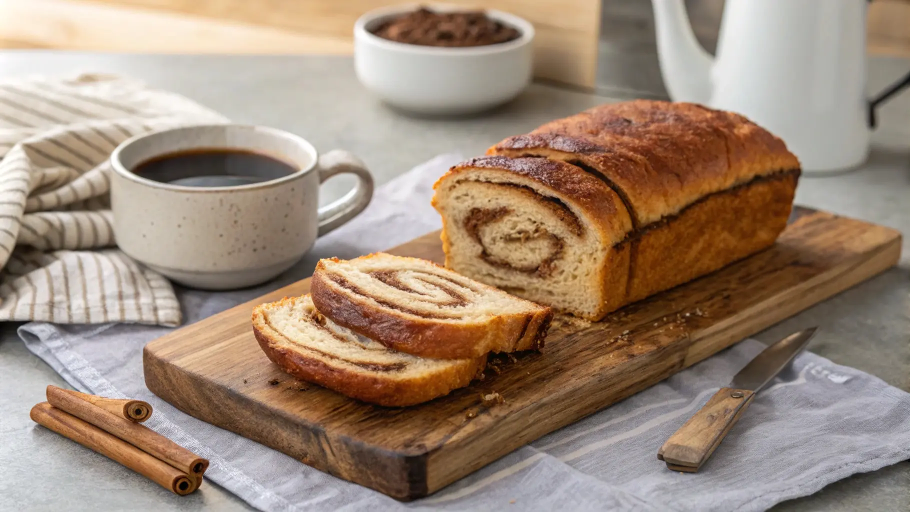 A freshly baked loaf of golden-brown cinnamon bread, sliced to reveal a cinnamon swirl, displayed on a rustic wooden board next to a steaming cup of coffee on a cozy kitchen counter.