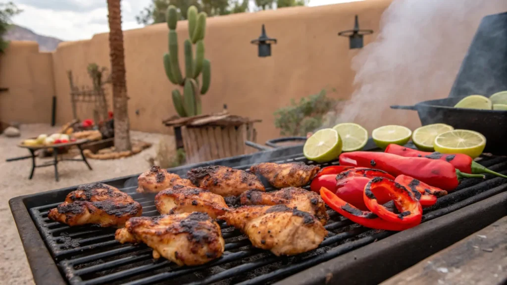 Chicken pieces grilling over hot coals with visible grill marks, surrounded by charred red peppers and lime wedges, with smoke rising in the background.