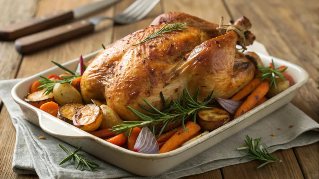 A perfectly roasted whole chicken with golden-brown skin, surrounded by roasted carrots, potatoes, and onions, garnished with fresh rosemary and thyme, displayed on a rustic wooden table under warm natural lighting.