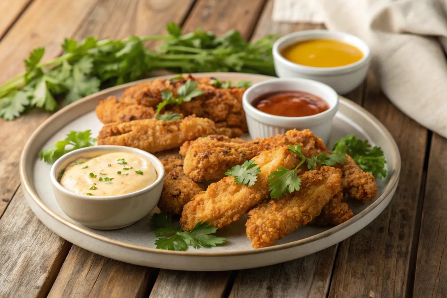 Golden-brown spicy chicken tenders served on a plate with dipping sauces like ranch and barbecue, garnished with parsley for presentation.