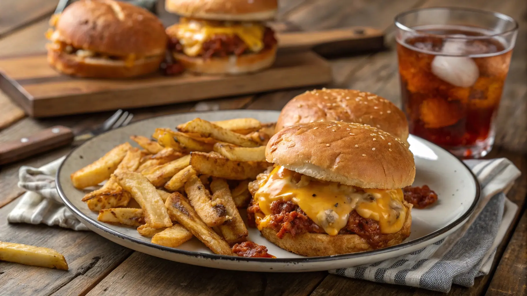 A plate of cheesy chicken sloppy joes with melted cheese oozing from the sandwich, served on a rustic wooden table with crispy fries and a glass of iced tea in the background.