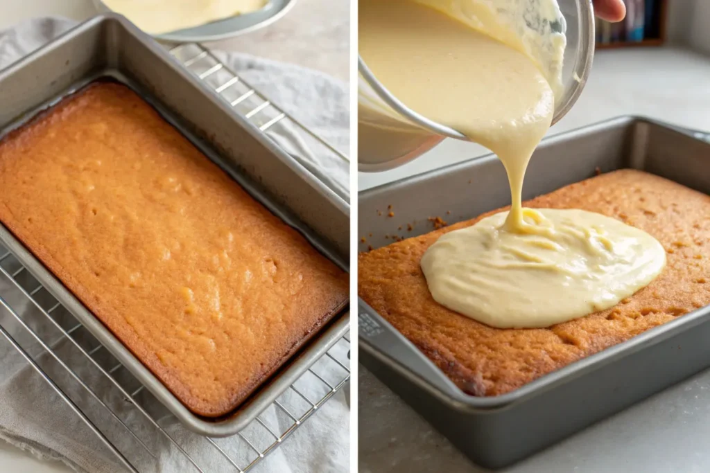 Sequence of images showing kefir sheet cake batter being poured into a prepared baking pan, followed by a golden-brown cake fresh out of the oven