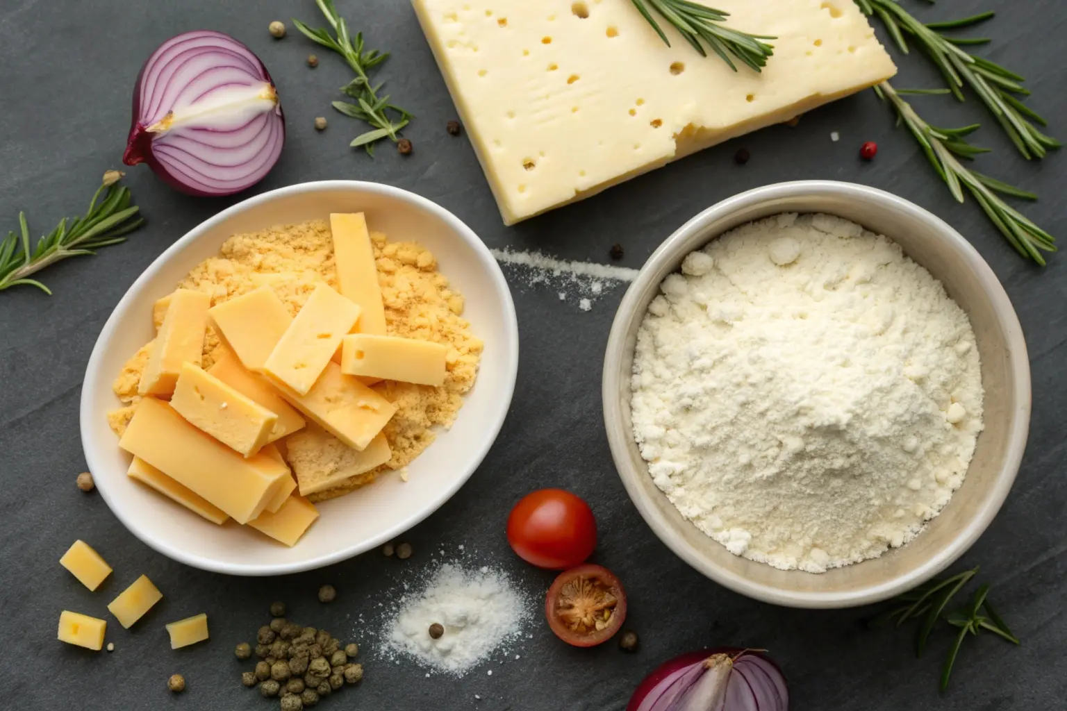 Side-by-side comparison of powdered cheese and fresh cheese, featuring a bowl of powdered cheese alongside slices of cheddar and Parmesan with kitchen tools.