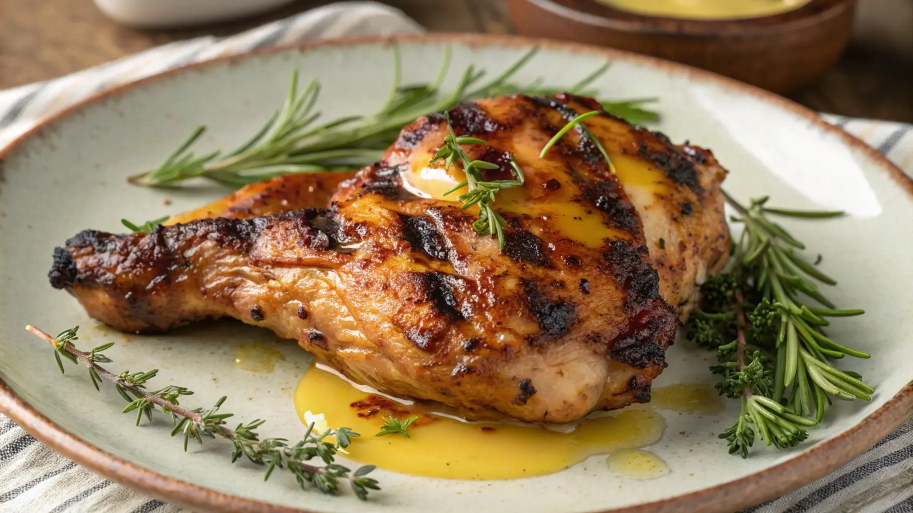 Juicy chicken thighs cooked to perfection with crispy skin, served on a plate with a side of clarified butter, ideal for the carnivore diet.