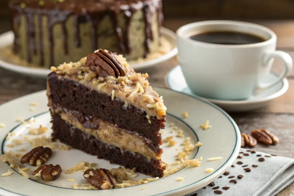 A slice of German chocolate cake on a dessert plate, with a cup of coffee in the background, creating a cozy and inviting atmosphere for enjoying this decadent treat.