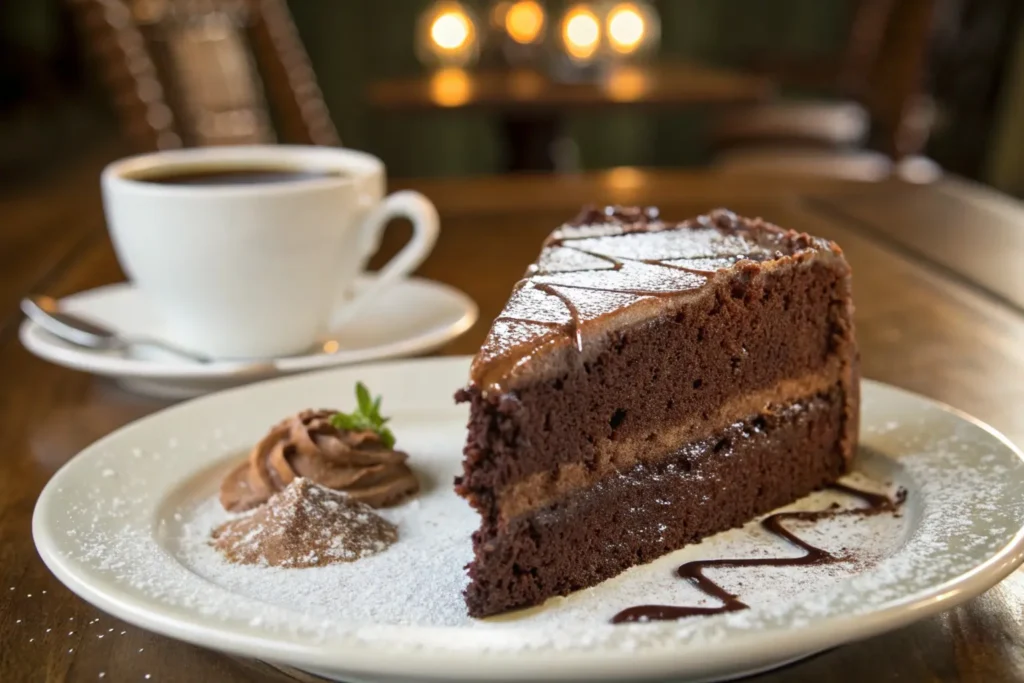 A slice of sour cream chocolate cake on a dessert plate, with a cup of coffee in the background, creating a cozy and inviting atmosphere for enjoying this decadent treat.
