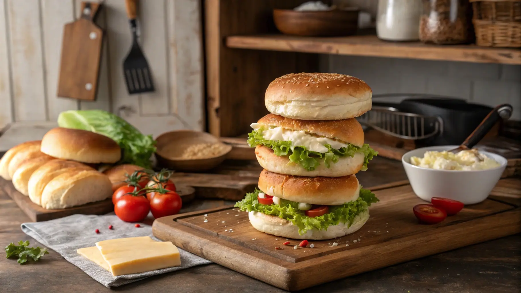 Freshly baked egg white buns on a wooden board, showcasing their fluffy texture and golden crust.