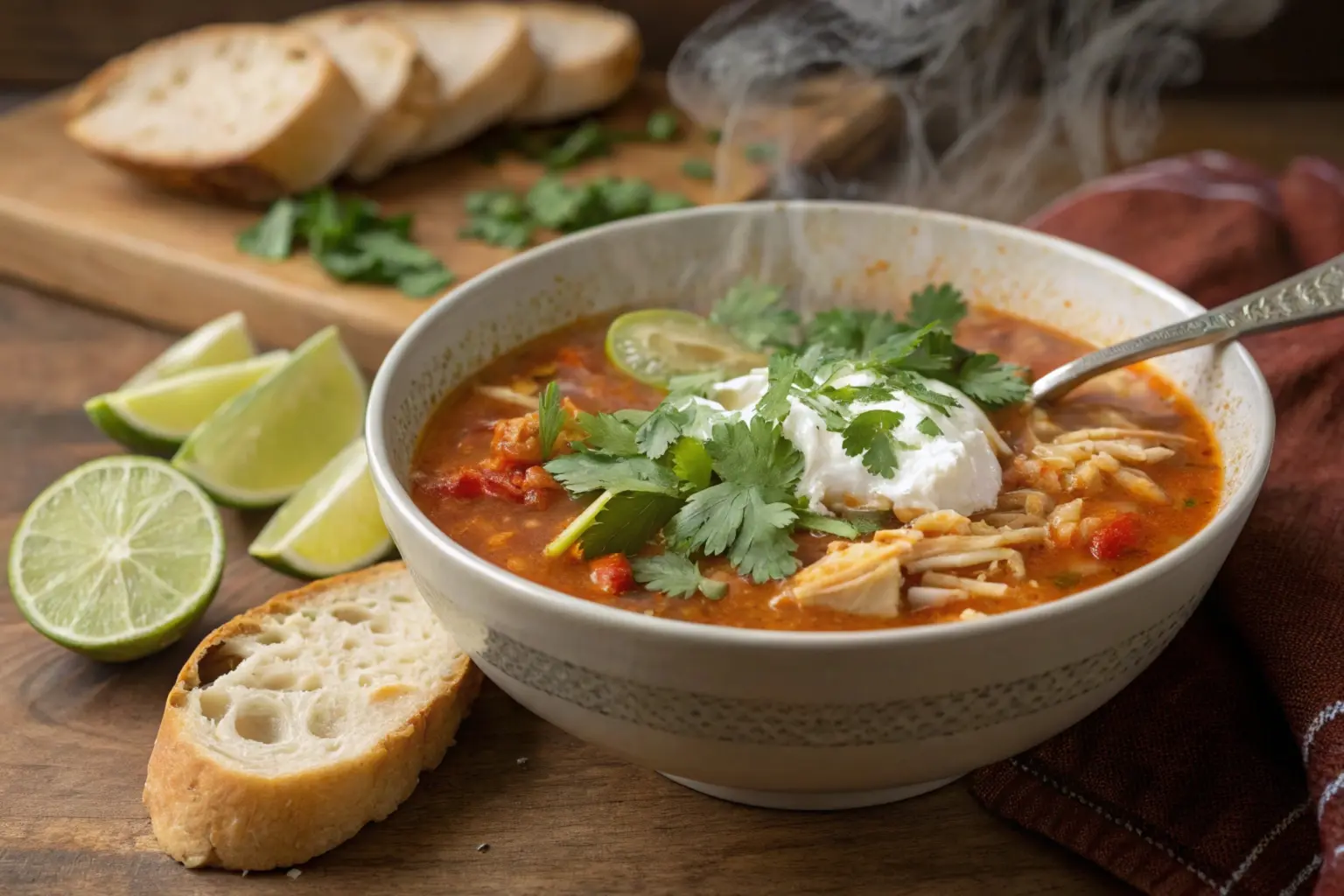 A steaming bowl of spicy chicken soup with rice, garnished with fresh cilantro, lime wedges, and a dollop of sour cream, served alongside crusty bread on a wooden table.