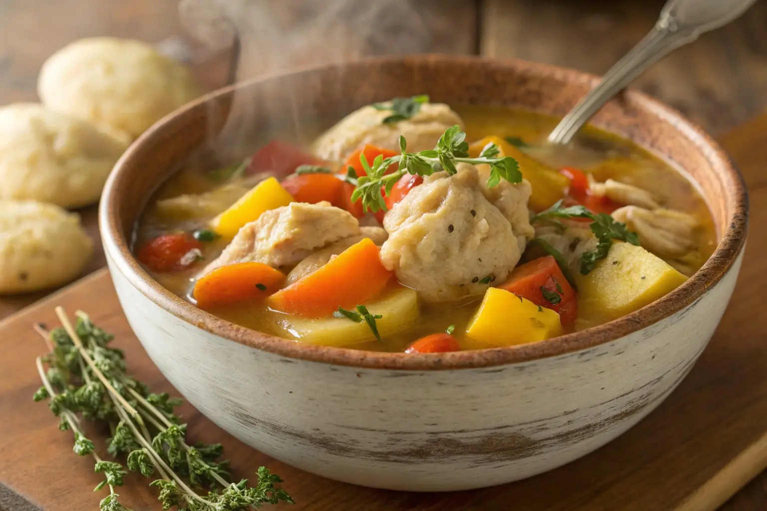 A beautifully styled bowl of Jamaican chicken soup featuring yellow yam, dumplings, carrots, and a Scotch bonnet pepper, garnished with fresh thyme and served with lime wedges on the side