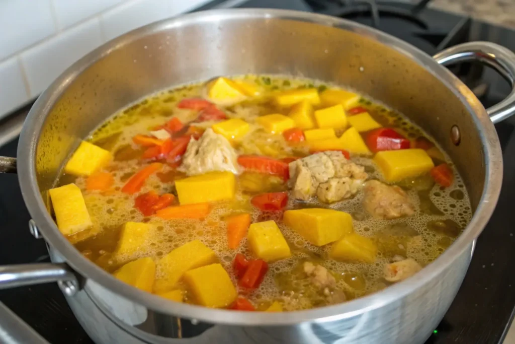 A bubbling pot of Jamaican chicken soup in progress, with diced pumpkin, yellow yam, and a whole Scotch bonnet pepper floating in the rich golden broth.
